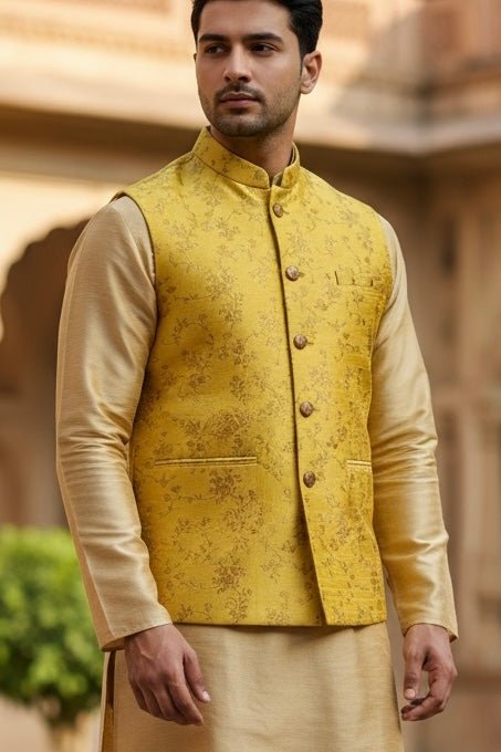 Haldi Yellow - Rich Brocade - Mens Traditional Waistcoat - UK Stock - VNS-JKT01 10KK25 - Prachy Creations