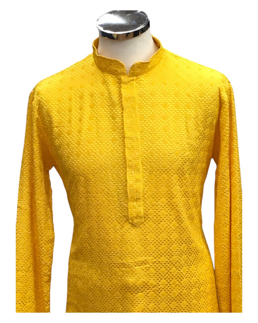 Haldi Yellow - Rich Sequins Lucknowi Chiffon Mens Indian Kurta Set with Smart Pants - Weddings / Walimas , Sangeet, Eid, Mehndi / Henna - SHU2502 KC 0325 - Prachy Creations