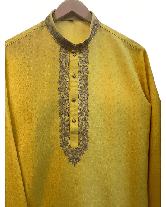 Haldi / Yellow - Self Brocade - Gold Thread Work Mens Kurta Set - Sangeet Mehendi Haldi - KCS2995 03KC26 - Prachy Creations