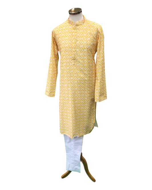 Haldi Yellow - Self Woven Cotton Men's Rich Churidar Kurta Set - YD2303 VY0323 - Prachy Creations