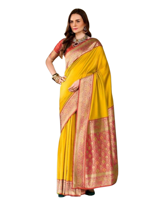 Haldi Yellow - Traditional Silky Handloom Banarasi Saree with Blouse Piece - 12KH25 RP392 - Prachy Creations