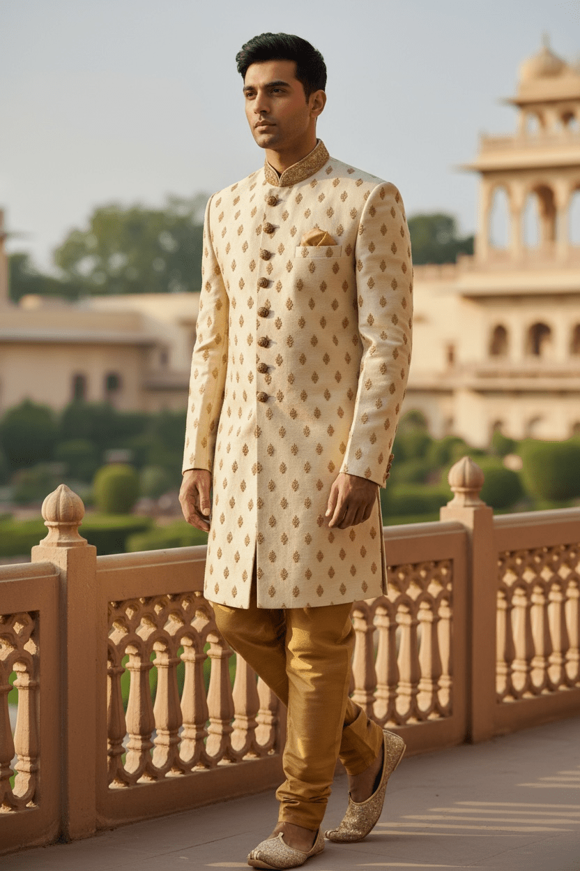 Hand embroidered Cream Sherwani with churidar trousers - SNC88KYP 1018 - Prachy Creations