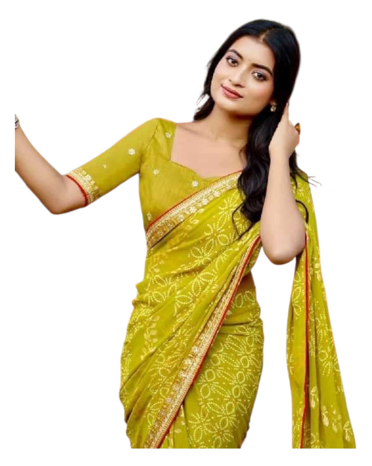 Henna Green - Bandhani Printed - Chiffon Saree with Blouse Piece - KAS-Chuneri 304 10KV25 - Prachy Creations