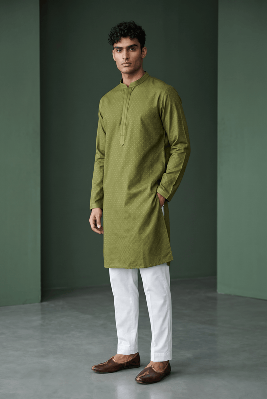 Henna Green - Handloom Woven Mens Indian Kurta set with Trousers - UK Stock - Weddings / Walimas , Sangeet, Diwali, Eid, Mehndi / Henna - EM11093 05KP26 - Prachy Creations