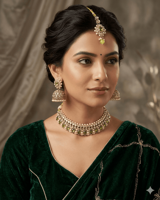 Henna Green - Medium Size Antique Gold Finish Necklace Set with Earrings & Head Piece - 6NS449 04H26 - Prachy Creations