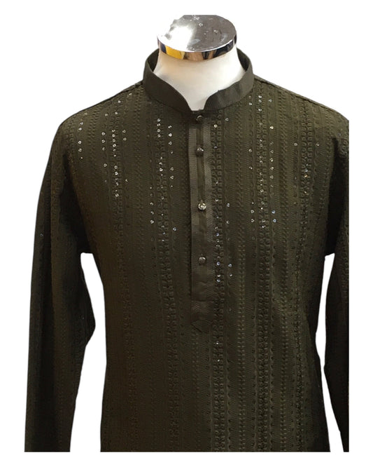 Henna Mehndi Green - Rich Sequins Lucknowi Chiffon Mens Indian Kurta Set with Smart Pants - Weddings / Walimas , Sangeet, Eid, Mehndi / Henna - SHU2501 KC 0325 - Prachy Creations