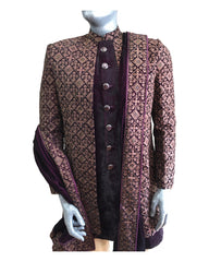 Wine / Maroon - Double Jacket Full Embroidery Sherwani with Trousers -  SHU2305 CP 0523