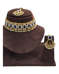 Blue - Antique Gold Finish Choker Necklace set - Bollywood - Weddings - MNA756  KY 0523