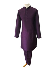 Dark Purple - Mens Plain Silky Kurta Set with matching smart trousers - Great with Waistcoats YD2320 KJ 0623