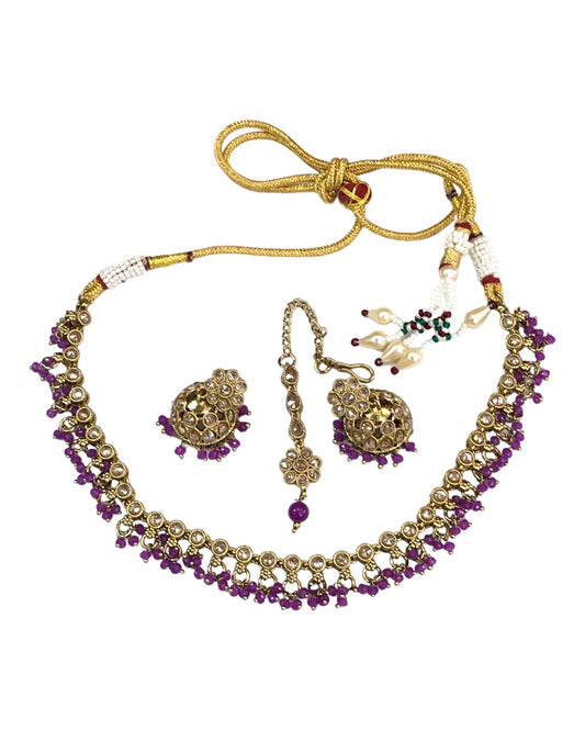 Purple - Antique Gold Finish Choker Necklace set - Bollywood - Weddings - HB965 H 0523
