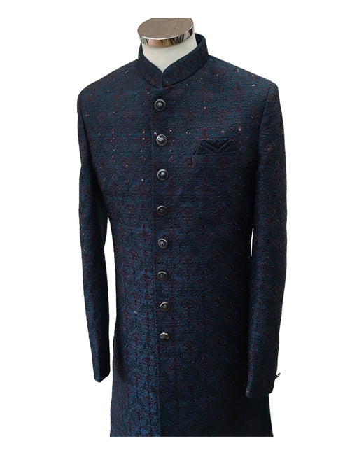 Stunning Fully Embroidered Teal Blue Sherwani -  23VAR04 AV 0523