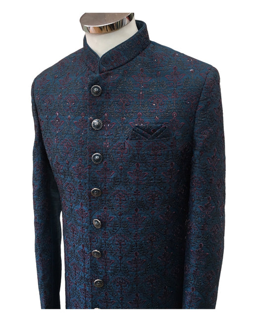 Stunning Fully Embroidered Teal Blue Sherwani -  23VAR04 AV 0523