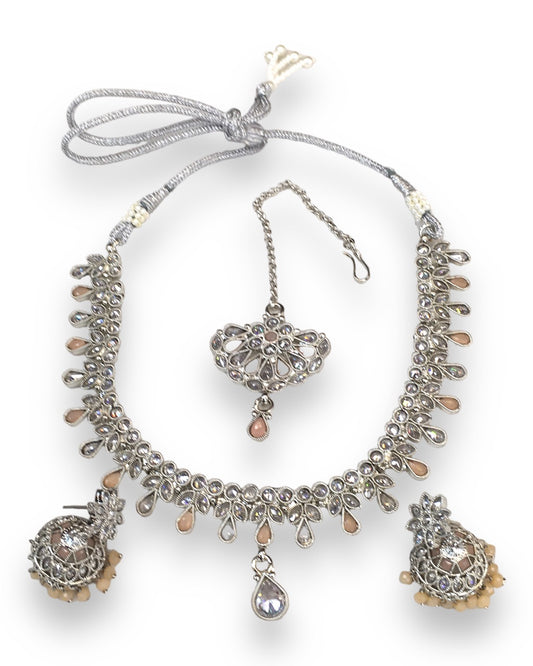 Peach - Silver Finish Gold Finish Choker Necklace set - Bollywood - Weddings - OMJ1922 KY 0523
