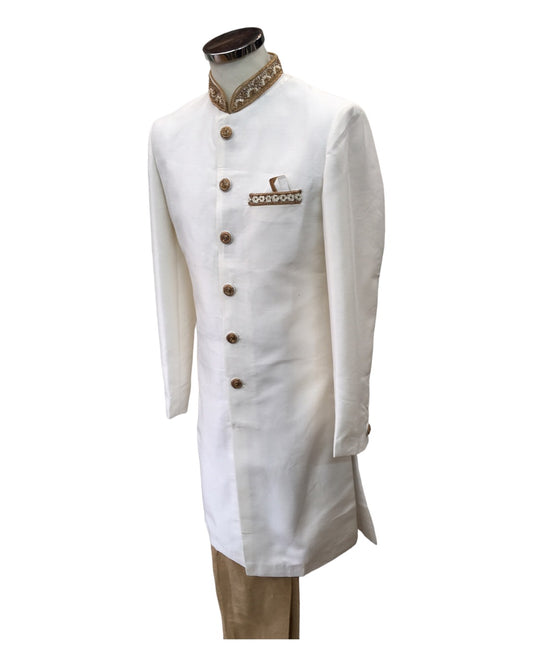 SALE ! Off White / Cream - Raw Silky Sherwani with Hand Embroidery - YD2304 RV 0523