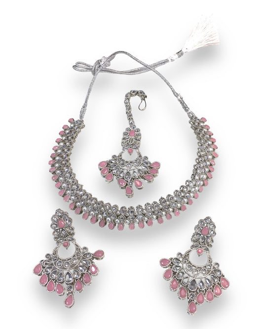 Pink - Silver Finish Choker Necklace set - Bollywood - Weddings - JIG517 KY 0523