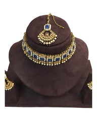 Blue - Antique Gold Finish Choker Necklace set - Bollywood - Weddings - MNA756  KY 0523