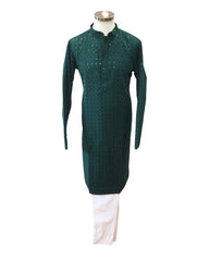 Green  - Rich Lucknowi Cotton Men's Churidar Kurta Set  -  YD2309 KH 0623