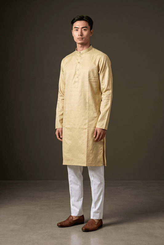 Ivory - Self Woven Brocade Mens Indian Kurta set - UK Stock - Weddings / Walimas , Sangeet, Diwali, Eid, Mehndi / Henna - VEE3115 KC - Prachy Creations