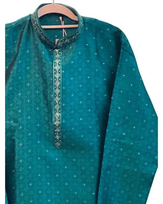 Jade Green - Banarasi Handloom Brocade Mens Indian Kurta set with Trousers - UK Stock - Weddings / Walimas , Sangeet, Diwali, Eid, Mehndi / Henna - VEE3133 VY - Prachy Creations