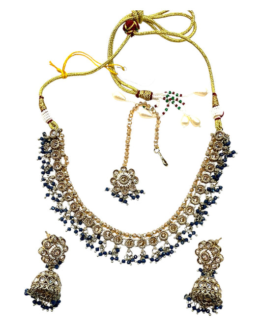 Jade Green - Medium Size Antique Gold Finish Necklace Set with Earrings & Head Piece - RAK417 08R25 - Prachy Creations