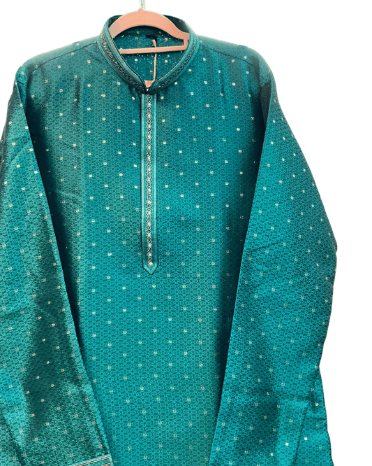 Jade Green - Men’s Embroidered Jacquard Kurta Set with Trousers - UK Stock - Weddings / Walimas , Sangeet, Diwali, Eid, Mehndi / Henna - VEE3134 VK - Prachy Creations