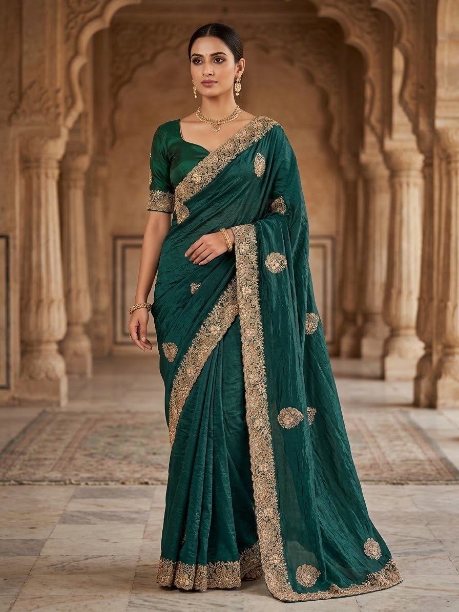 Jade Green - Saree with Thread / Stone Work and Blouse Piece - UK stock - 24hr Dispatch - SP2614 VJ - Prachy Creations