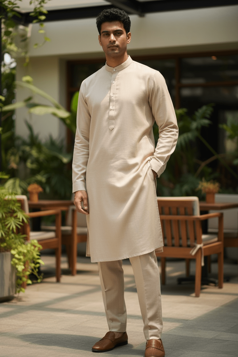 Leather Cotton Mens Indian Kurta set in Beige - for Sangeet, Mehndi, Eid Celebration (with smart trousers) - Prachy Creations