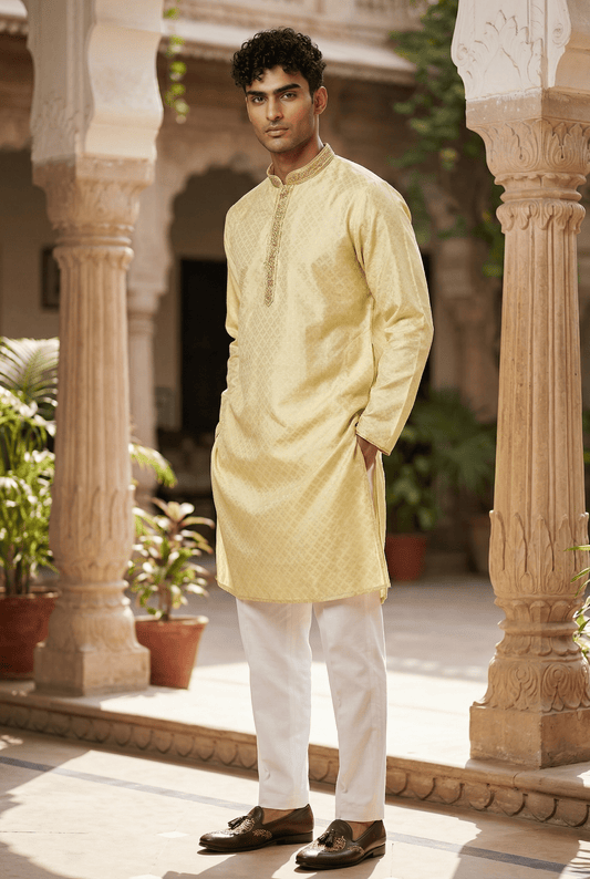 Lemon / Light Yellow - Banarasi Brocade Mens Indian Kurta Set - Weddings / Walimas , Sangeet, Eid, Mehndi / Henna - KCS1108 KH 0225 - Prachy Creations
