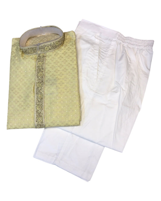 Lemon / Light Yellow - Banarasi Brocade Mens Indian Kurta Set - Weddings / Walimas , Sangeet, Eid, Mehndi / Henna - KCS1108 KH 0225 - Prachy Creations