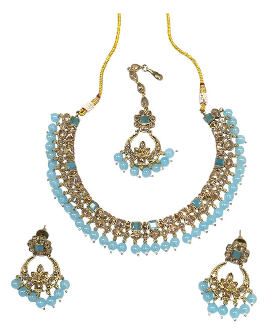 Light Blue - Antique Gold Finish Necklace & Earrings Set - Bollywood - Weddings - KAJ1039 11KK24 - Prachy Creations
