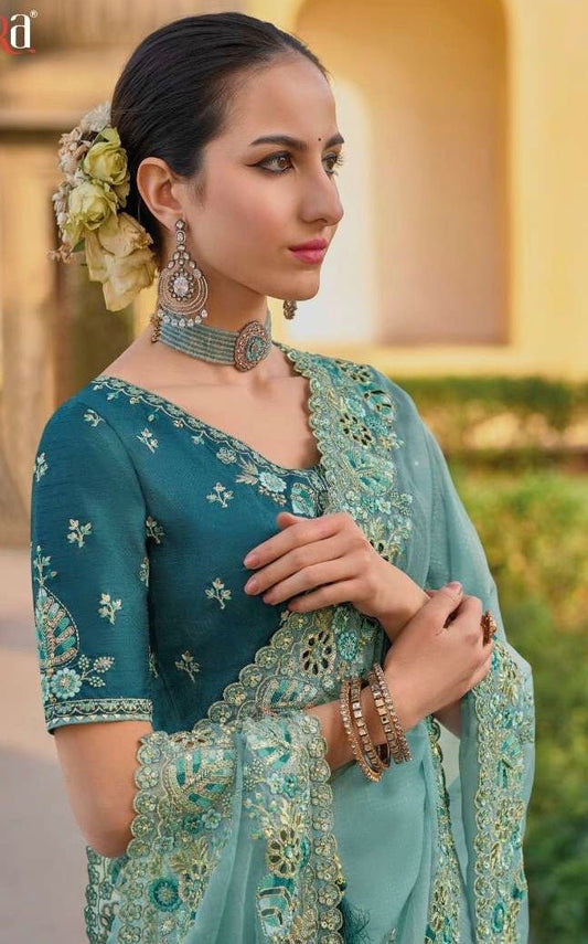 Light Blue - Chiffon Saree with Fancy Ready made Blouse - TAT6906 TH 0624 - Prachy Creations