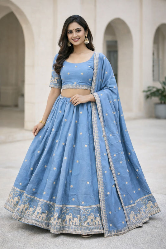 Light Blue - Dupion Silk Lehenga Set - Garba / Dandia , Mehndi / Sangeet / Weddings - Size UK 12 (38" Bust) Adjustable to Size 14 - UK Stock - 24h Dispatch - AF2603 02TY26 - Prachy Creations