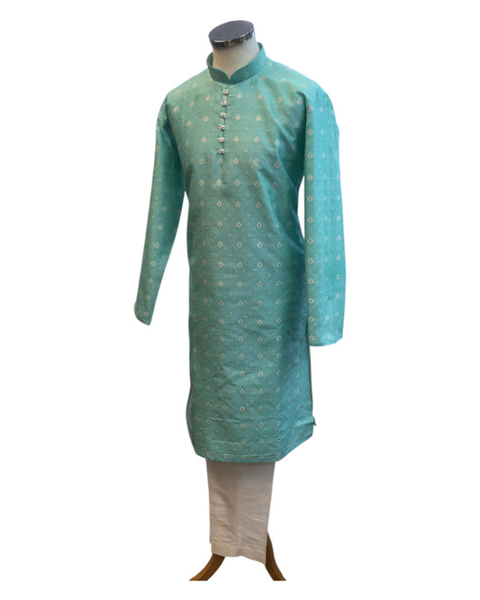 Light Blue - Handloom Self Brocade Mens Indian Kurta set - Weddings / Walimas , Sangeet, Mehndi / Henna , Eid / Diwali - BS2501 01VP25 - Prachy Creations