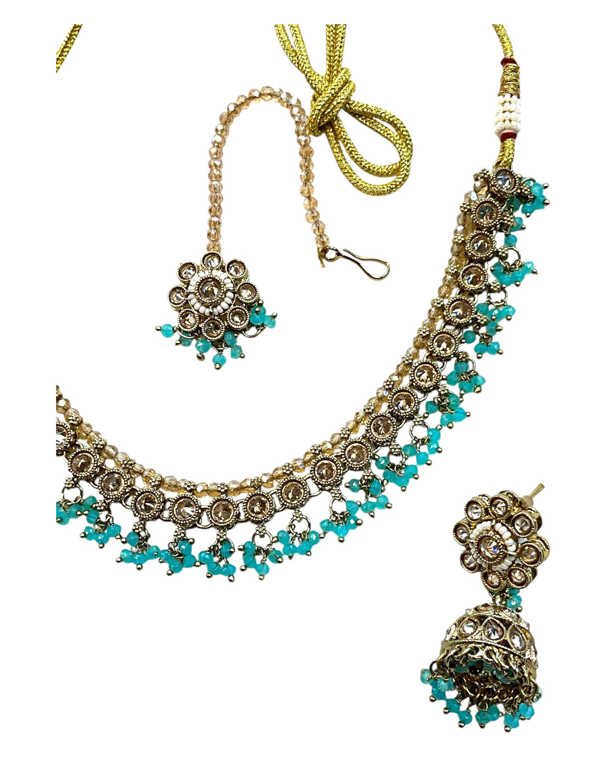 Light Blue - Medium Size Antique Gold Finish Necklace Set with Earrings & Head Piece - RAK417 08R25 - Prachy Creations