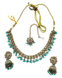 Light Blue - Medium Size Antique Gold Finish Necklace Set with Earrings & Head Piece - RAK417 08R25 - Prachy Creations