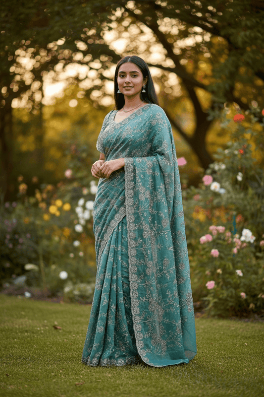 Light Blue - Rich Saree with Allover Embroidery and Blouse Piece - UK stock - 24hr Dispatch - RS2507 PR - Prachy Creations