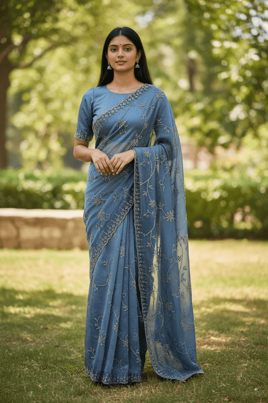 Light Blue - Rich Saree with Allover Embroidery and Blouse Piece - UK stock - 24hr Dispatch - RS2526 PK - Prachy Creations
