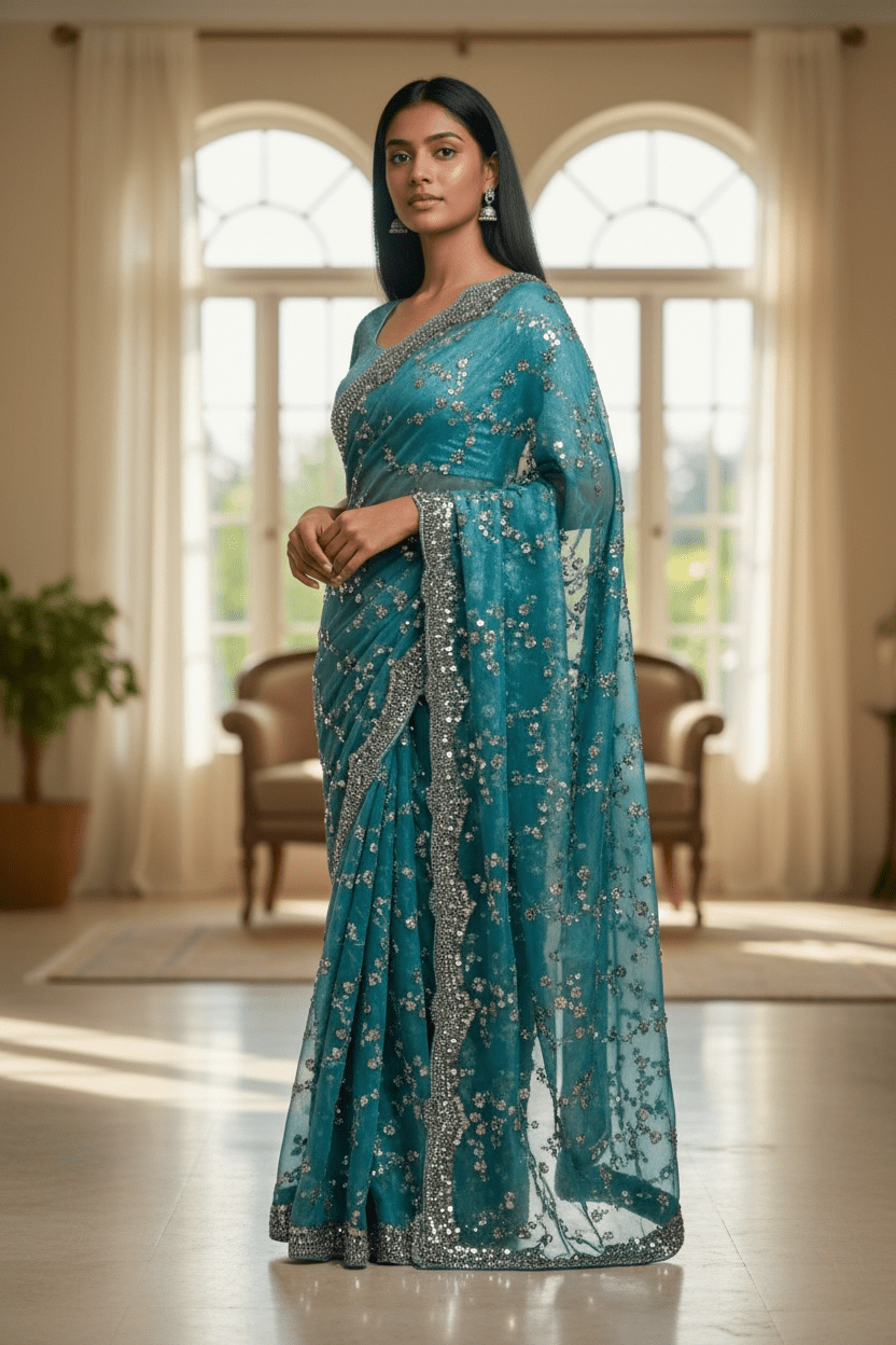 Light Blue - Rich Saree with Allover Sequins Work and Blouse Piece - UK stock - 24hr Dispatch - RS2503 JV - Prachy Creations