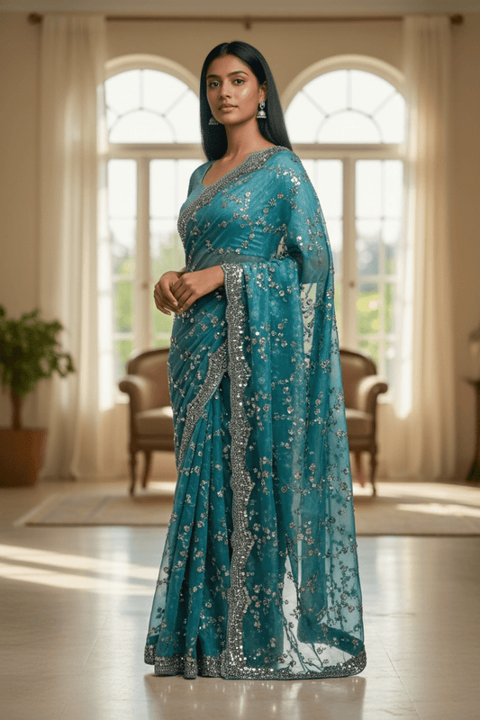 Light Blue - Rich Saree with Allover Sequins Work and Blouse Piece - UK stock - 24hr Dispatch - RS2503 JV - Prachy Creations