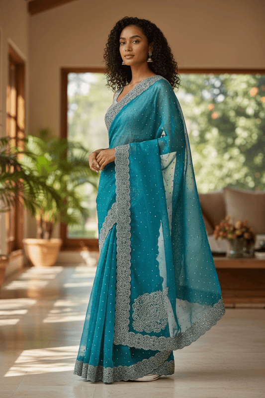 Light Blue - Rich Saree with Thread / Stone Embroidery and Blouse Piece - UK stock - 24hr Dispatch - RS2525 VJ - Prachy Creations