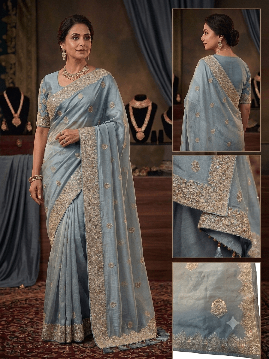 Light Blue - Saree with Thread / Stone Work and Blouse Piece - UK stock - 24hr Dispatch - SP2613 VY - Prachy Creations