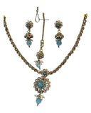 Light Blue - Small Size Antique Gold Finish Necklace Set with Earrings & Head Piece /Tika- SLV79 11A24 - Prachy Creations