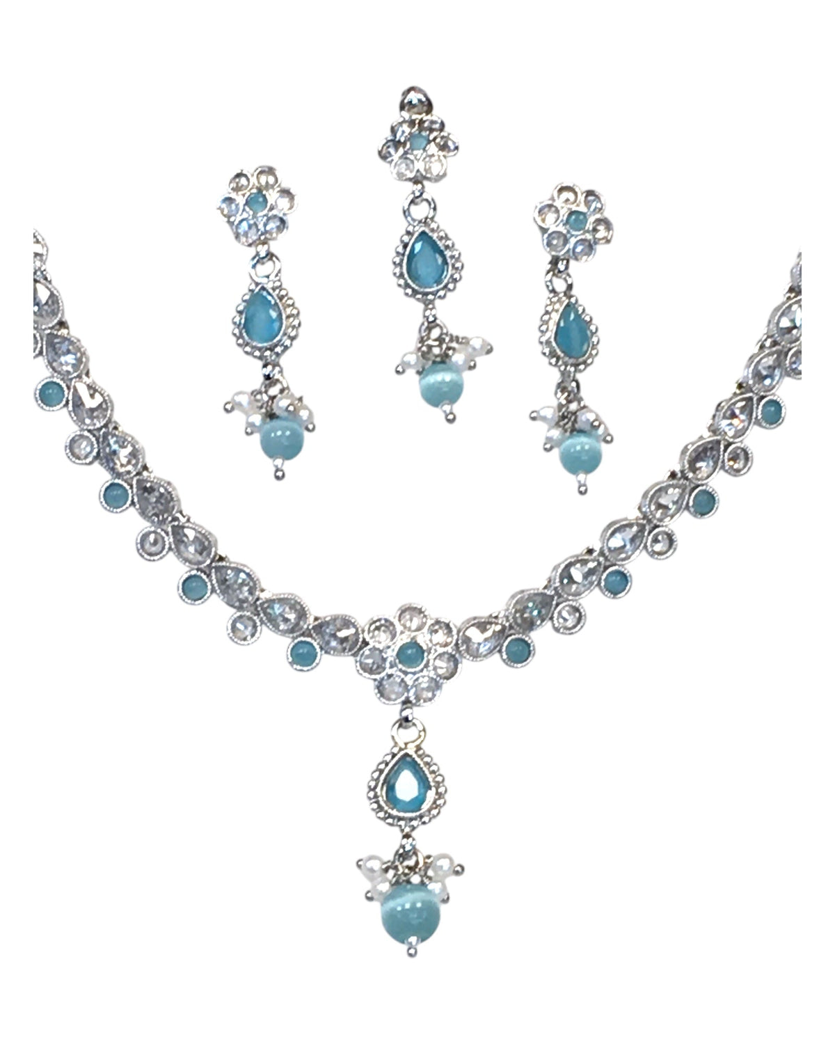 Light Blue - Small Size Silver Finish Necklace Set with Earrings & Head Piece /Tika- SLV78 11Ap24 - Prachy Creations