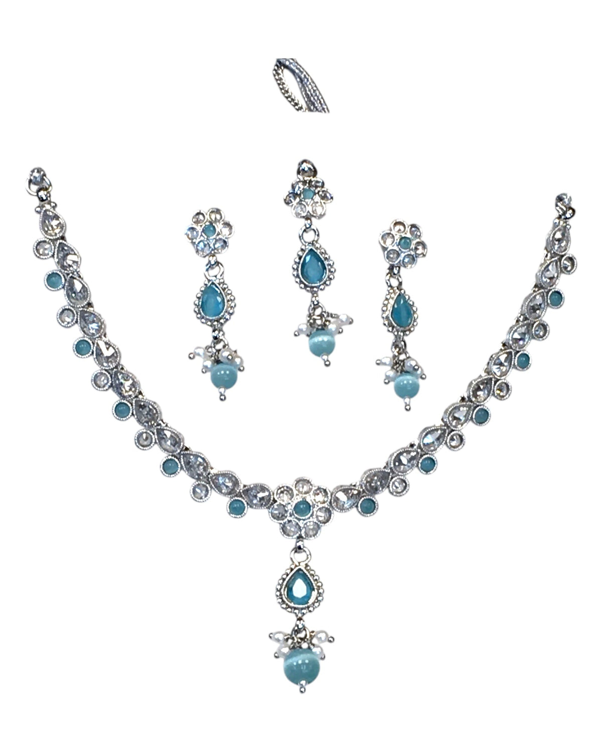 Light Blue - Small Size Silver Finish Necklace Set with Earrings & Head Piece /Tika- SLV78 11Ap24 - Prachy Creations