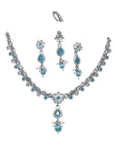 Light Blue - Small Size Silver Finish Necklace Set with Earrings & Head Piece /Tika- SLV78 11Ap24 - Prachy Creations