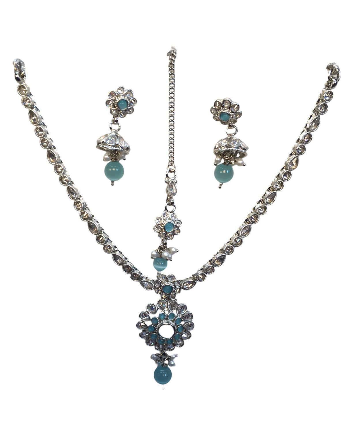 Light Blue - Small Size Silver Finish Necklace Set with Earrings & Head Piece /Tika- SLV79 11A24 - Prachy Creations