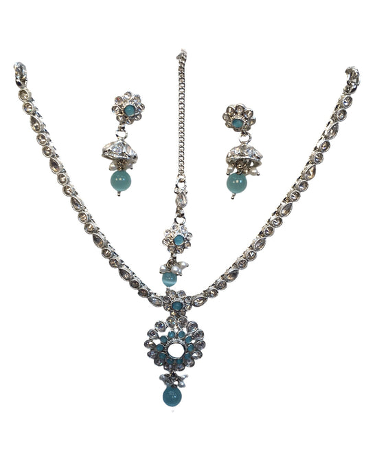 Light Blue - Small Size Silver Finish Necklace Set with Earrings & Head Piece /Tika- SLV79 11A24 - Prachy Creations