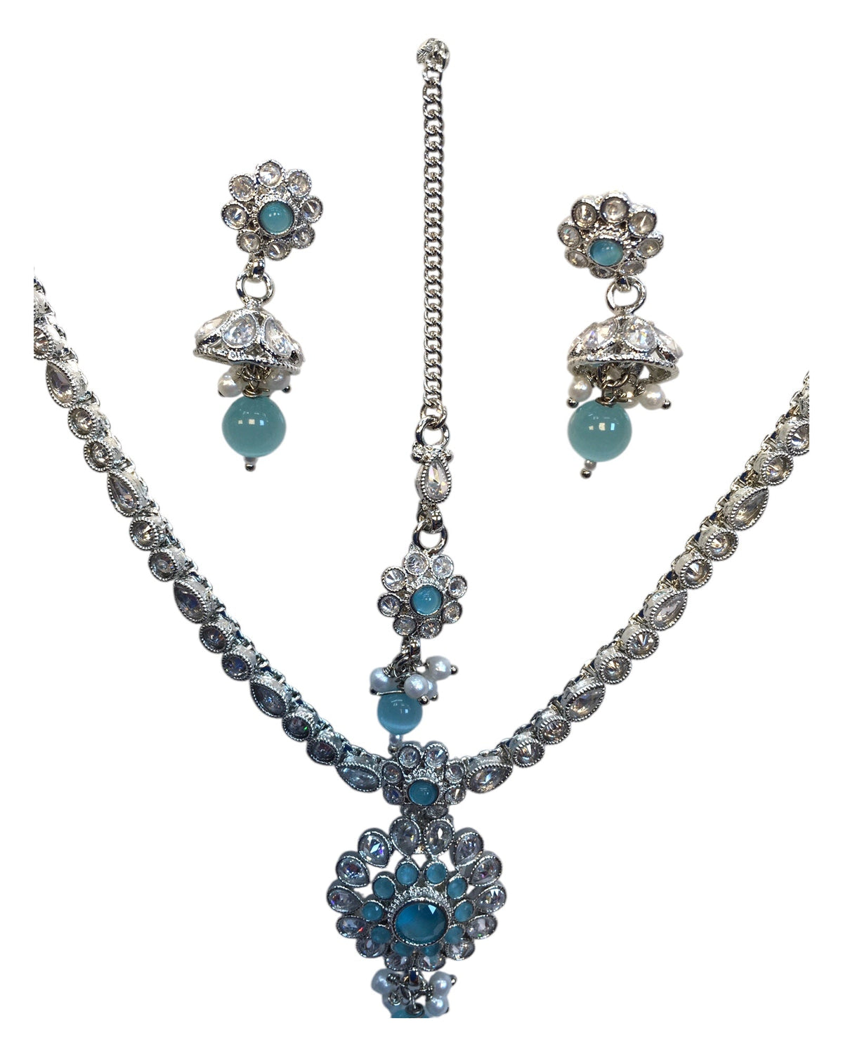 Light Blue - Small Size Silver Finish Necklace Set with Earrings & Head Piece /Tika- SLV79 11A24 - Prachy Creations