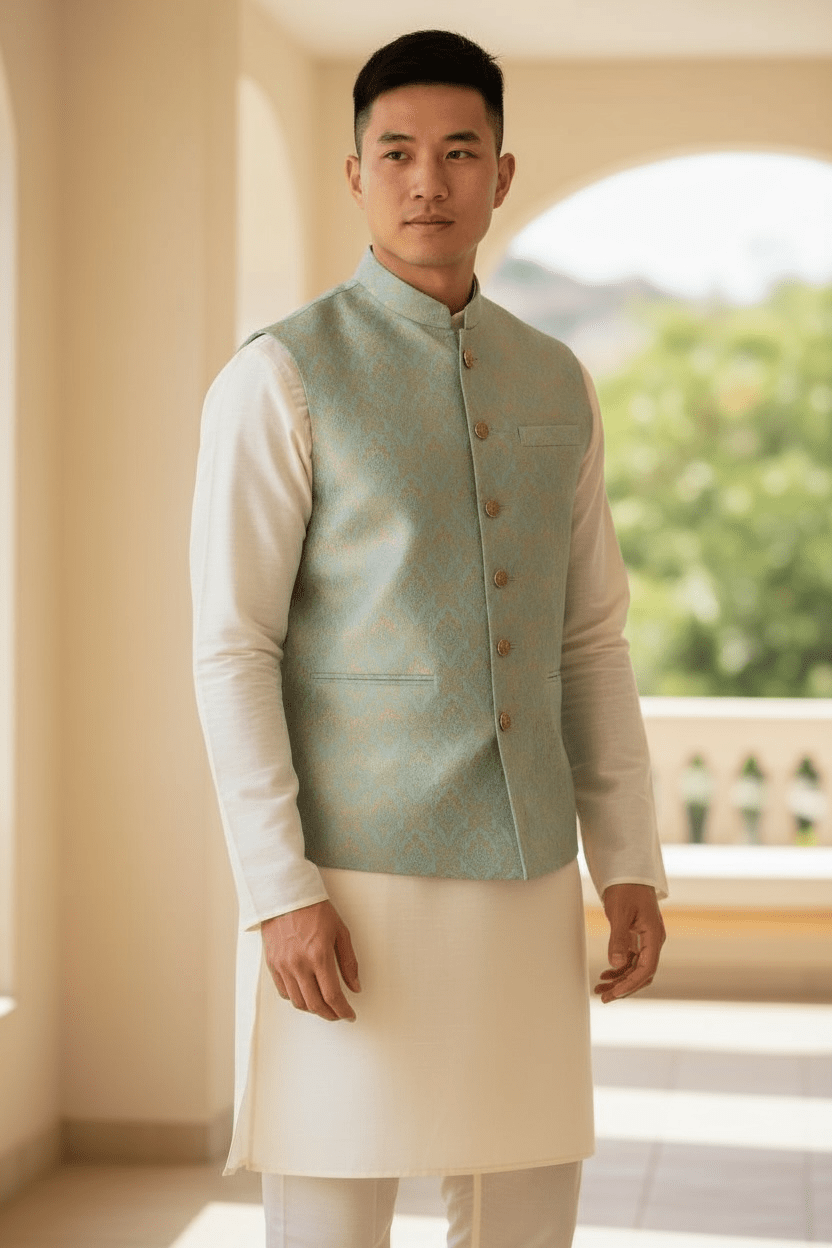 Light Blue / Turquoise - Brocade - Mens Indian Waistcoat - UK Stock - VNS-JKT53 10KK25 - Prachy Creations