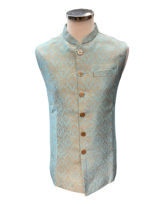 Light Blue / Turquoise - Brocade - Mens Indian Waistcoat - UK Stock - VNS-JKT53 10KK25 - Prachy Creations